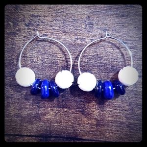 Boho White lotus purple blue silver earrings, hoop